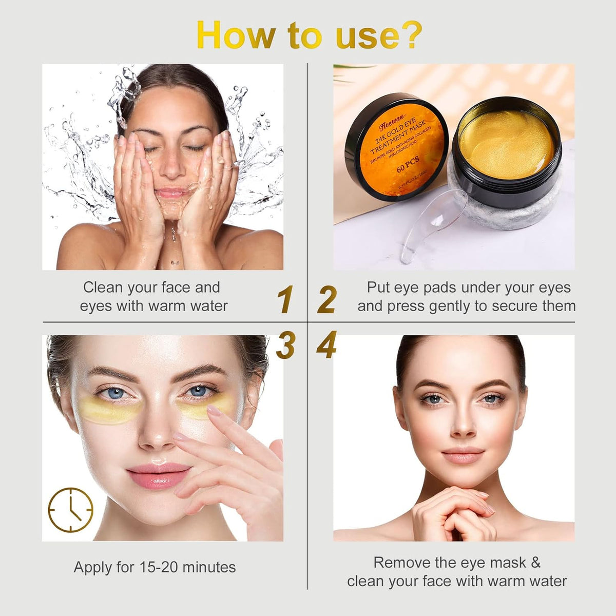 24K Gold under Eye Patches - 60 Pcs Eye Mask Pure Gold Anti-Aging Collagen Hyaluronic Acid under Eye Mask for Removing Dark Circles, Puffiness & Wrinkles Refresh Your Skin